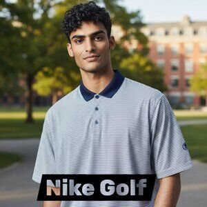 Nike Golf Mens Extra Large Blue White Stripe DriFit Horley Polo Shirt Embroidery